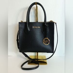 Michael Kors Mercer Black Pebbled Leather Crossbody Satchel Purse, MK Charm